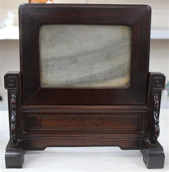 A Chinese rosewood and dreamstone mounted table screen, Qing dynasty, 29.5 x 30cm, one bracket lacking